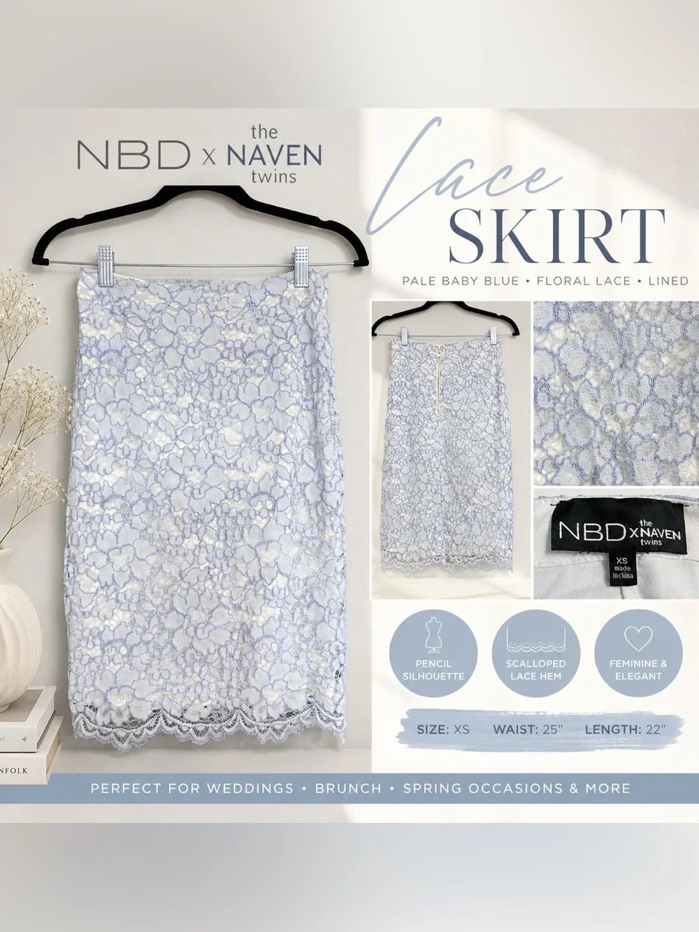 NBD x Naven Twins Lace Pencil Skirt XS Baby Blue Floral Lace Lined